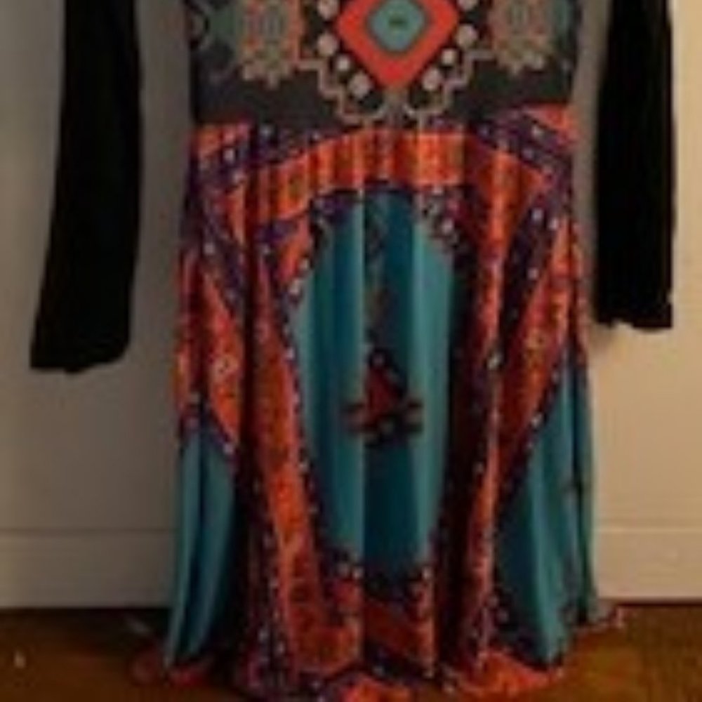 Desigual Black Long-Sleeve Midi Dress with Teal and Red Geometric Print - Picture 3 of 6